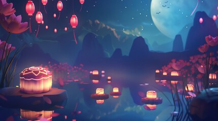 Luminous Lanterns and Delicate Mooncakes in a Serene Night Scene Embodying the Spirit of the Yuanxiao Festival