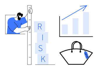 Person measuring risk blocks, bar graph with upward trend, and shopping bag with price tag. Ideal for business strategy, market analysis, risk management, retail economics, financial growth