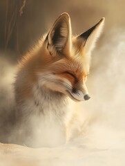 Obraz premium A desert fox shielding its face from a raging sandstorm, ears flattened against the wind.