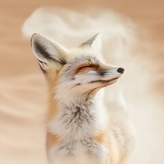 Fototapeta premium A desert fox shielding its face from a raging sandstorm, ears flattened against the wind.