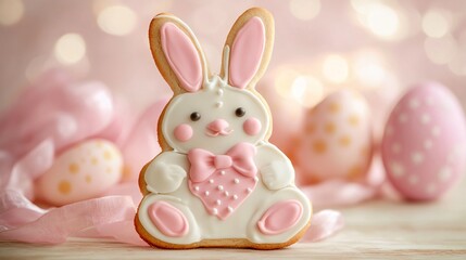 An elegant Easter bunny cookie with watercolor-style icing effects, isolated against a soft-focus neutral background