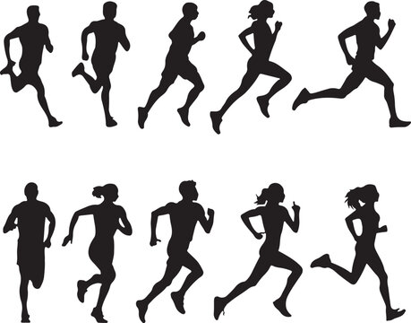 A set of dynamic black silhouettes of men and women running, showcasing various running postures.