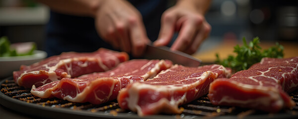 Chef slicing raw meat on a cutting board in a modern kitchen