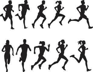 Vector silhouettes of men and women running and exercising