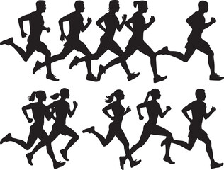 A collection of black silhouettes of people running, suitable for representing fitness, athleticism, and healthy lifestyles.