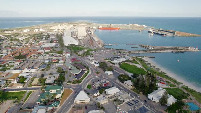 Coastal City And Harbour Of Geraldton Along Champion Bay In Western Australia. Aerial Drone Shot