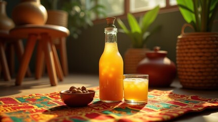 Obraz premium Traditional Ghanaian akpeteshie served at home with local snacks