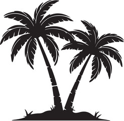 Simple black silhouette of two palm trees against a white background, suggesting a tropical island or beach vacation.
