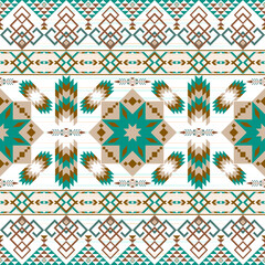a geometric tribal pattern with symmetrical designs in green, brown, and white. It features diamond shapes, zigzags, and star-like patterns inspired by indigenous art. Vector geometric ethnic Navajo 