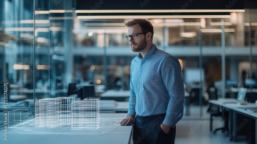 Poster A structural engineer is analyzing stress distribution on a digital building model in an architecturally inspiring office with glass walls.