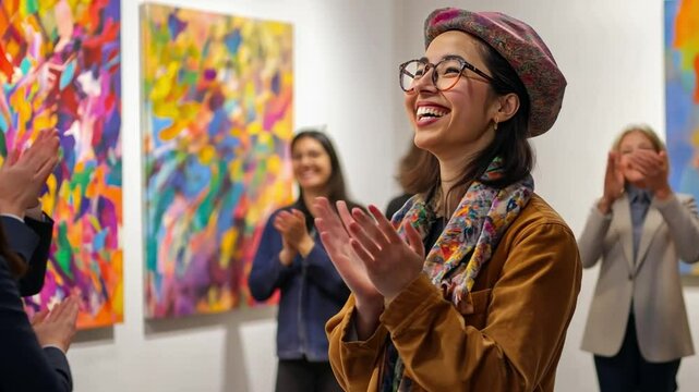 Appreciation in the Gallery:  A vibrant art gallery scene captured in a moment of celebration, with a woman in a beret laughing joyfully while clapping.
