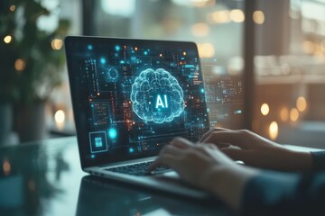 AI technology with digital brain and business icons on a blurry background