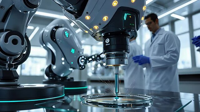 Futuristic Robotic Arm Conducting Precision Scientific Research in a High-Tech Laboratory with Scientists in the Background

