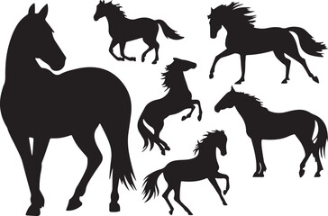 This image features a collection of black silhouette horses in different postures, including running, jumping, and standing.