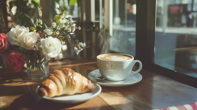 Fresh croissant and coffee cup with roses bouquet on wooden table in cafe. Cozy morning breakfast setup for Mother's Day, International Coffee Day, Valentine's Day, Women's Day
