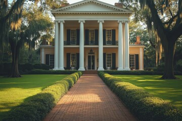 Obraz premium Colonial style mansion surrounded by a manicured lawn