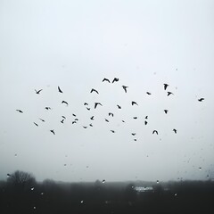 A flock of birds flying through heavy rain, barely visible against the gray sky.