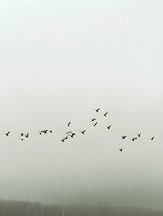 A flock of birds flying through heavy rain, barely visible against the gray sky.