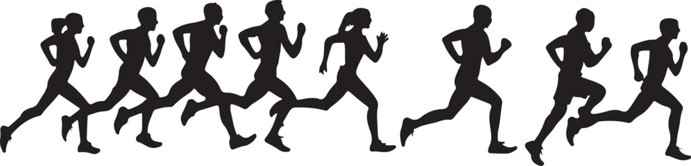 A dynamic, black and white silhouette image of several people running.