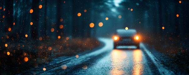 Car driving forest road, night, bokeh