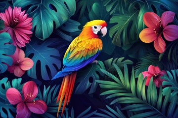 Fototapeta premium Scarlet Macaw Perched Among Tropical Foliage and Hibiscus Flowers