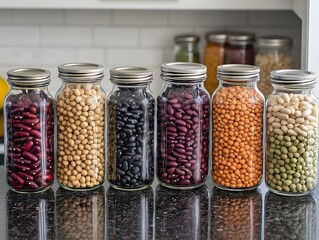 Variety of colorful dried beans in glass jars, pantry storage concept