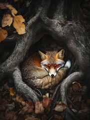 Obraz premium A fox curled up in its den, hidden among thick roots and fallen leaves.