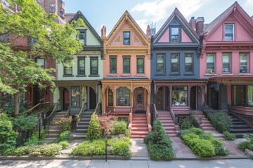 Fototapeta premium Colorful row of vintage houses with flower-filled balconies