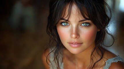 Close-up portrait of a beautiful young woman with green eyes and soft makeup.