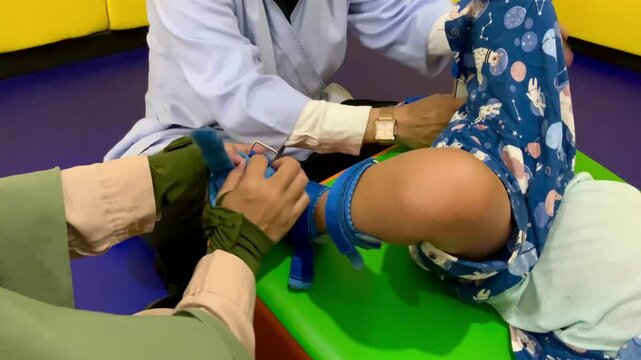 A physiotherapist and a mother fitting AFO (Ankle-Foot Orthosis) shoes on a child with cerebral palsy during a physiotherapy session in a hospital.