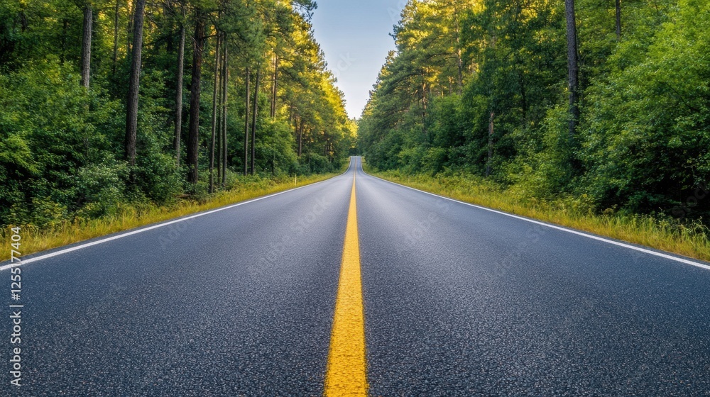 Poster straight road through a dense forest surrounded by greenery and sunlight on a clear day in a peacefu