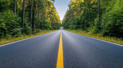 Fototapeta premium Straight road through a dense forest surrounded by greenery and sunlight on a clear day in a peaceful location. Generative AI