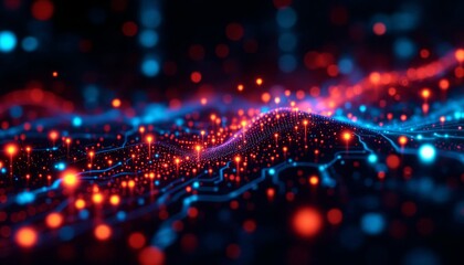 Fototapeta premium Abstract Neural Network Representation with Glowing Data Points and Circuit Paths