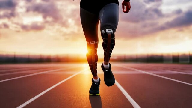 Athlete running with prosthetic legs on track at sunset