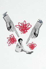 3D photo collage template trend artwork composite of young lady sit finger point sad domestic...