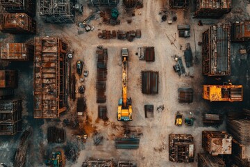 Top view of an industrial site with equipment and materials