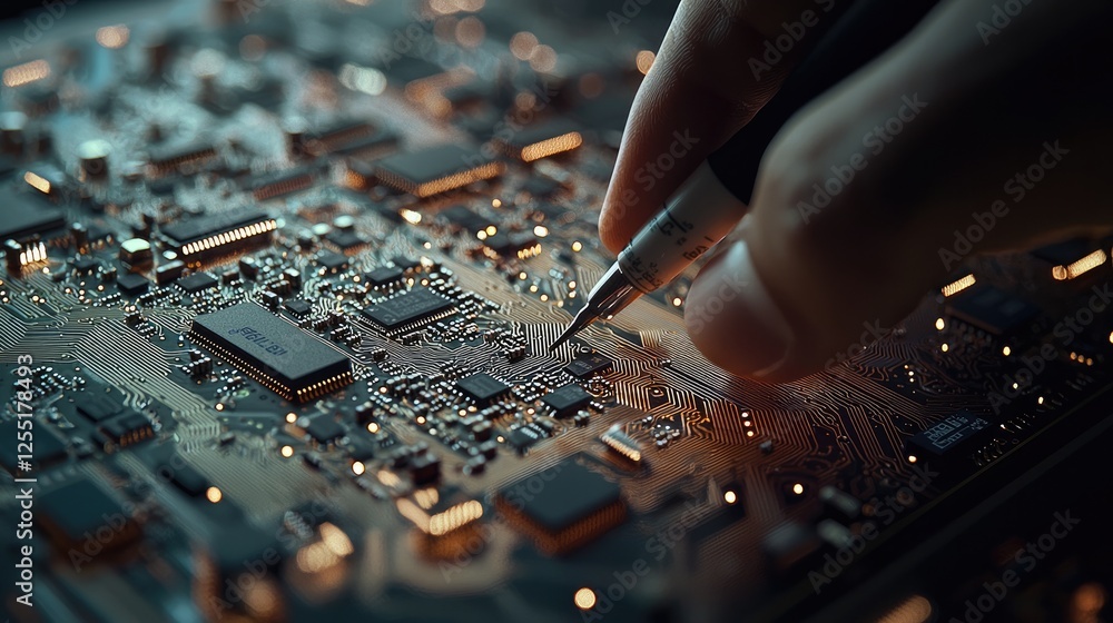 Aufkleber an intricately soldered circuit board with a technician carefully placing multimeter probes to diagn