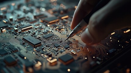 An intricately soldered circuit board with a technician carefully placing multimeter probes to diagnose microchip functionality.