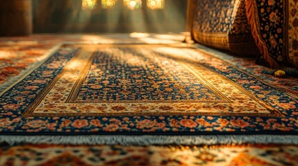 Intricate patterned carpet, sunlit details, traditional design.