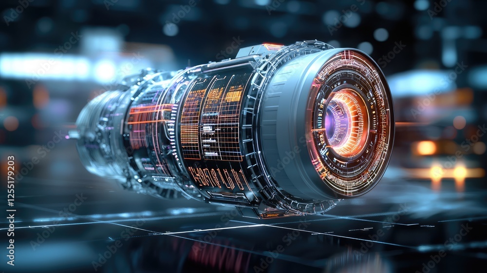 Aufkleber Next-generation aircraft engine concept with smart data overlays showing thrust control, temperature regulation, and aviation safety enhancements.