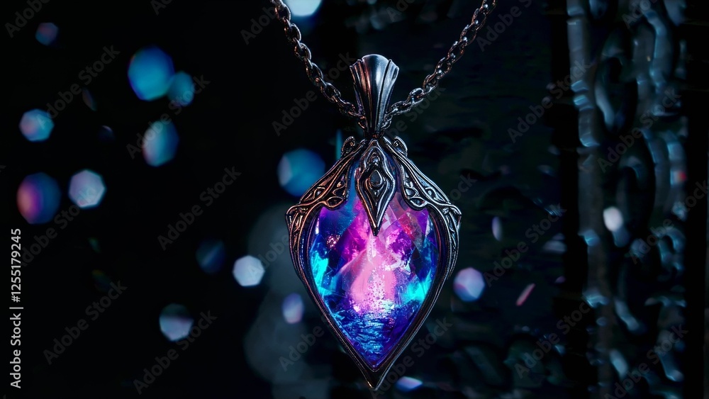 Poster luminous heart-shaped pendant necklace glowing and changing colors with mesmerizing bokeh effect aga