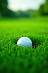 Obraz premium Golf ball partially buried in thick, vibrant green grass, shot, nature