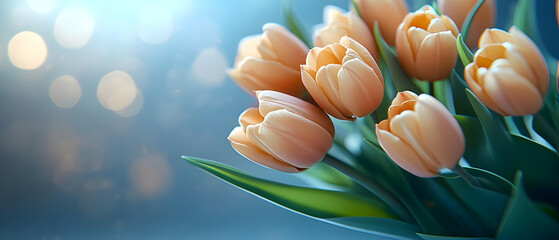 Obraz premium Peach tulips bouquet, bokeh background, greeting card