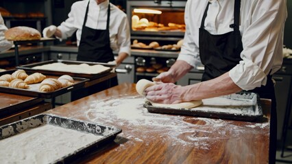 Professional baker kneading bread dough on floured wooden surface, working with precision in bustling commercial kitchen, showcasing traditional artisan bread-making skills