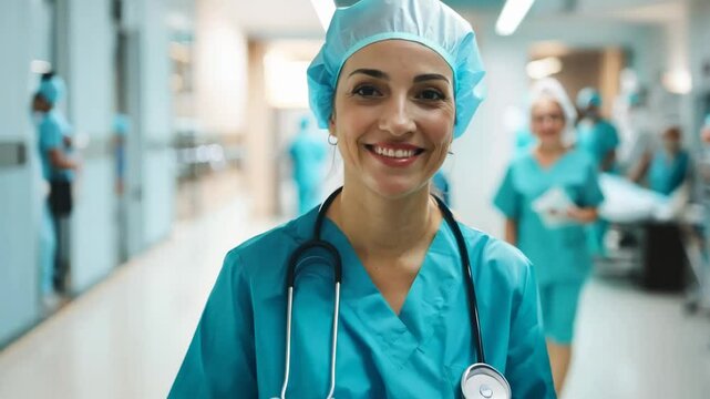 Smiling female doctor or nurse in a hospital hallway, wearing medical scrubs and a stethoscope. Confident and professional healthcare worker providing medical care and support