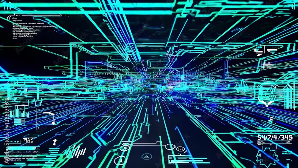 Poster complex digital lines create a futuristic hud navigation system through cyberspace, displaying data 