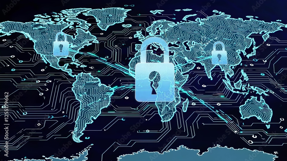 Poster digital padlocks hovering over glowing world map, representing global network security and interconn