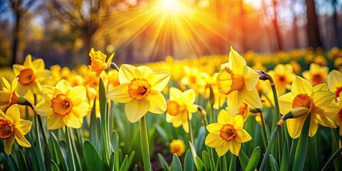 Obraz premium Golden daffodils bloom in a tranquil spring garden, a panoramic view of springtime beauty.