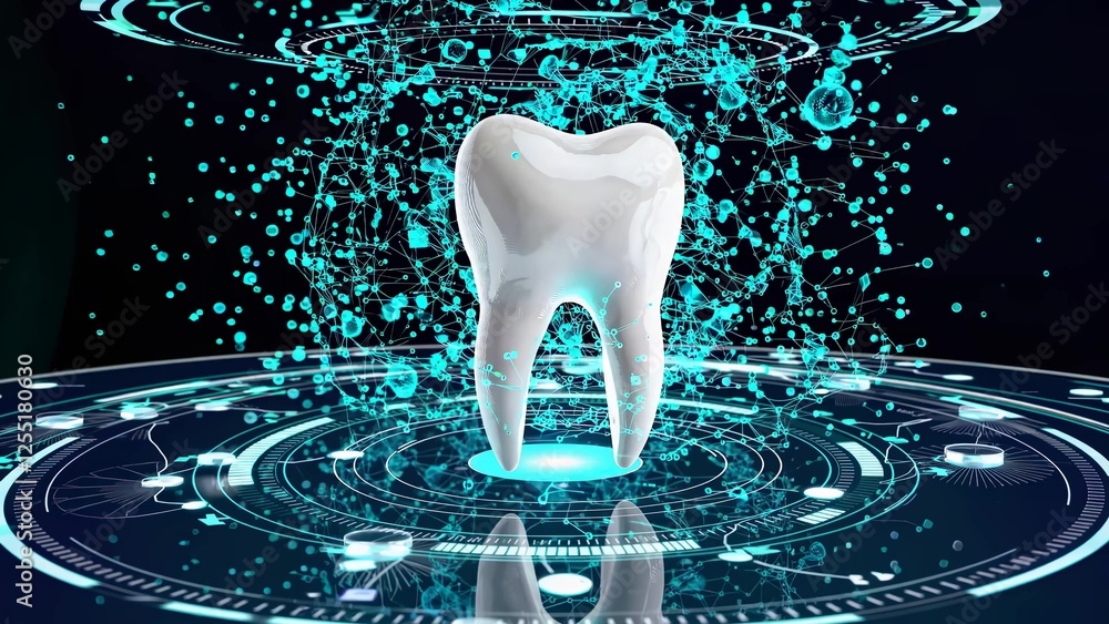 Poster futuristic hud interface revealing rotating white tooth model, visualizing innovative dental technol