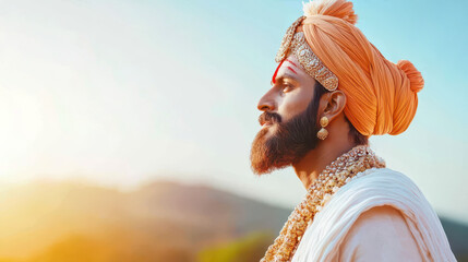Fototapeta premium Portrait of a regal man in traditional attire during sunset outdoors